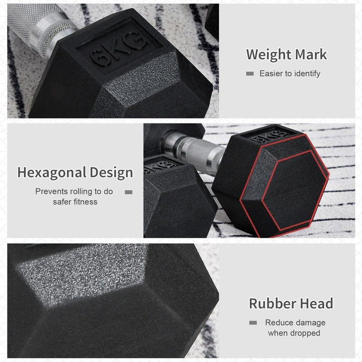 Hexagonal Dumbbells Kit - 2x6kg Weight Lifting Exercise for Home Fitness by HOMCOM - UK Home Gym Equipment 